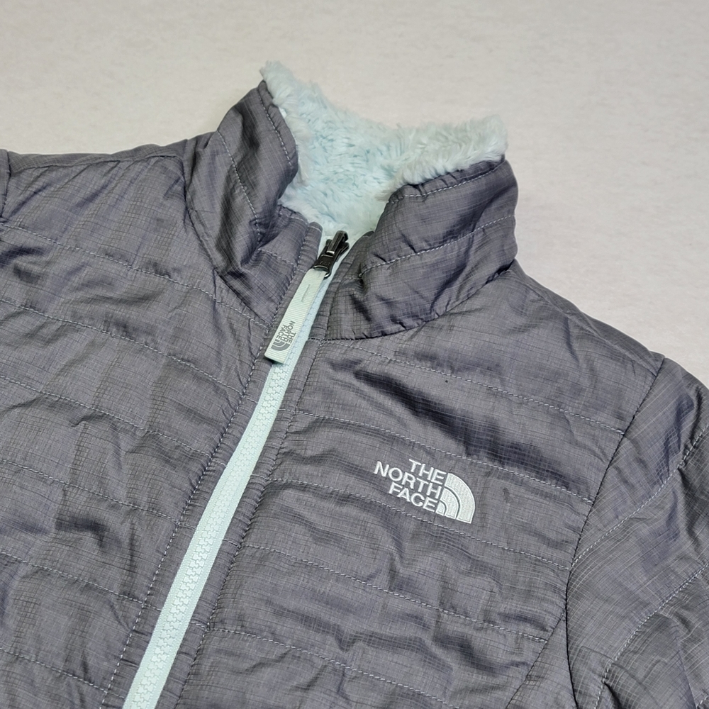 Girls The North Face Jacket Mossbud Reversible Jacket Lt Blue/Grey Sz LG 14/16